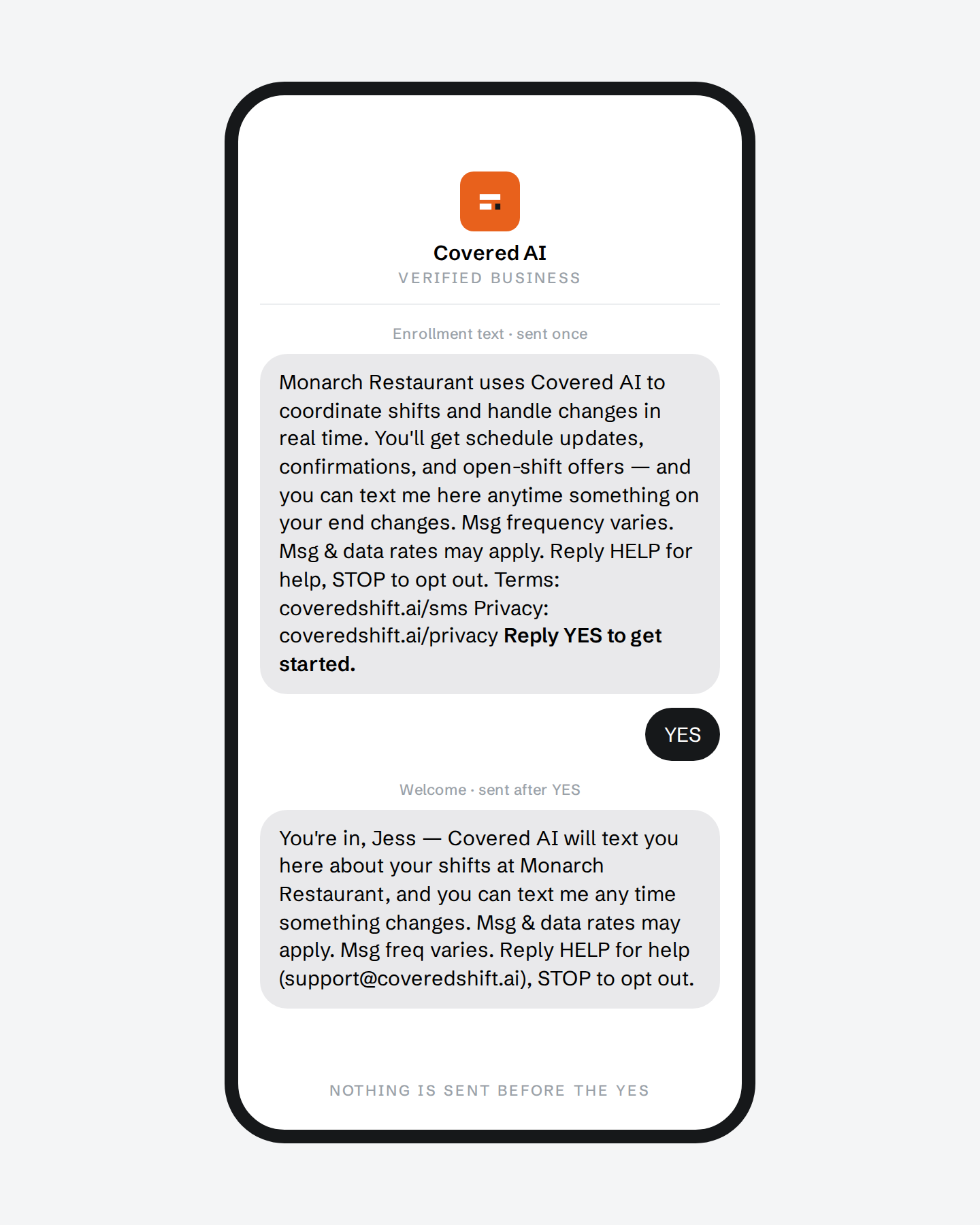 The Covered AI enrollment text, the YES reply, and the welcome message